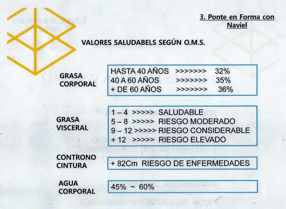 Valores saludables según la OMS para los índices de grasa corporal, visceral, contorno de cintura y agua corporal